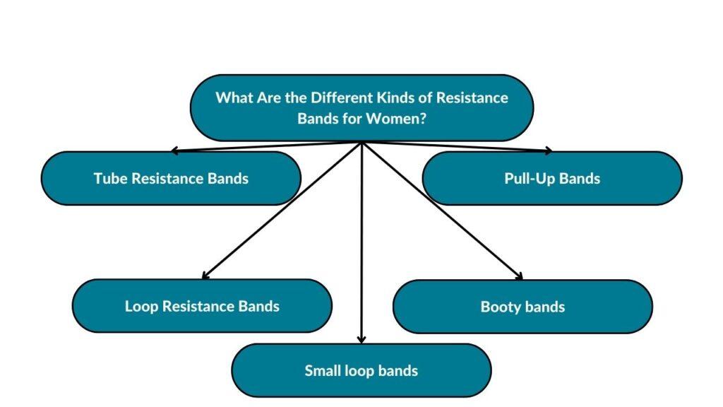 The image showcases different kinds of resistance bands for women. These include tube resistance bands, loop resistance bands, small loop bands, booty bands, and pull-up bands.