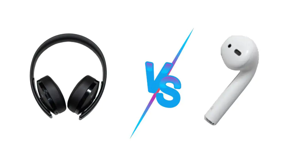 The image contains a representation of over-ear headphones vs. wireless earbuds.