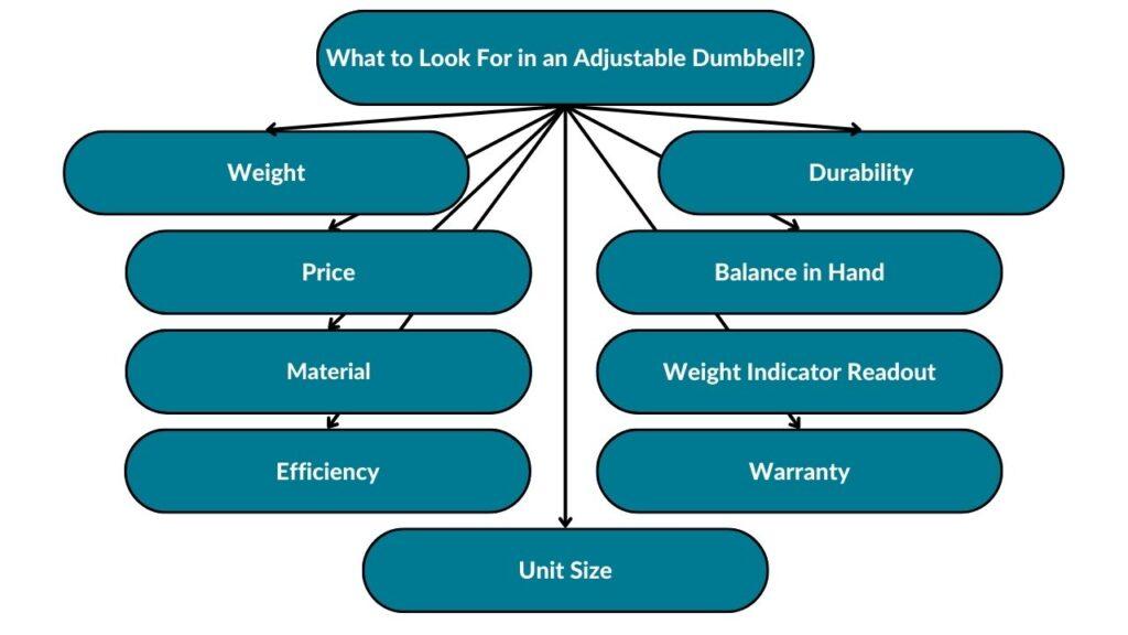 The image showcases different factors to consider when purchasing an adjustable dumbbell. Those include weight, price, material, efficiency, unit size, warranty, weight indicator readout, balance in hand, and durability.