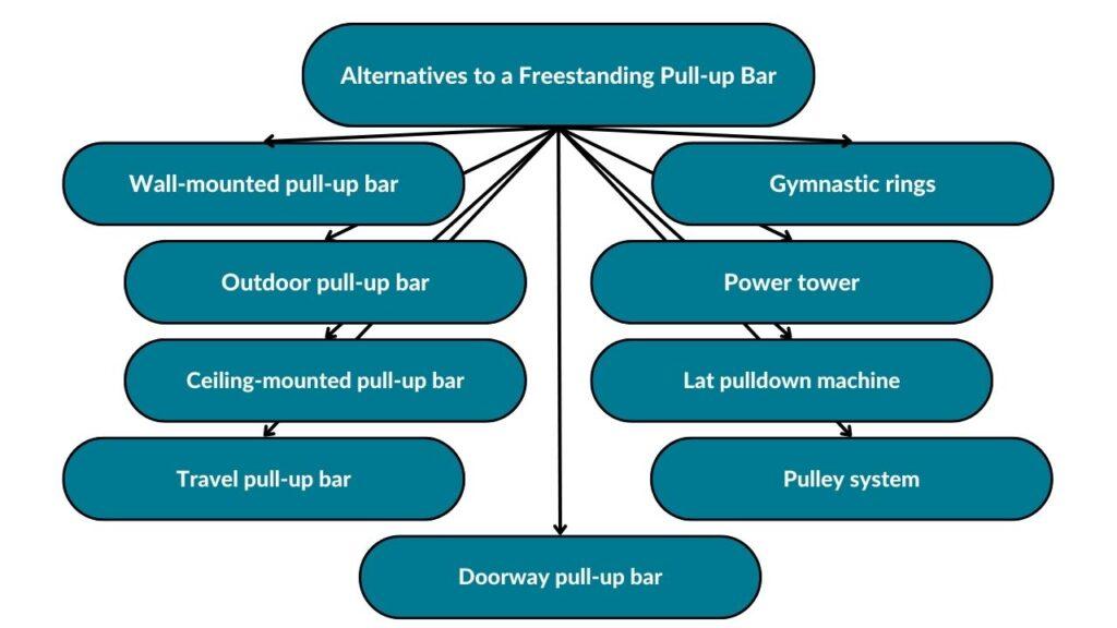 The image showcases different alternatives to a freestanding pull-up bar. Those include wall-mounted pull-up bars, outdoor pull-up bars, ceiling-mounted pull-up bars, travel pull-up bars, doorway pull-up bars, pulley systems, lat pulldown machines, power towers, and gymnastic rings.