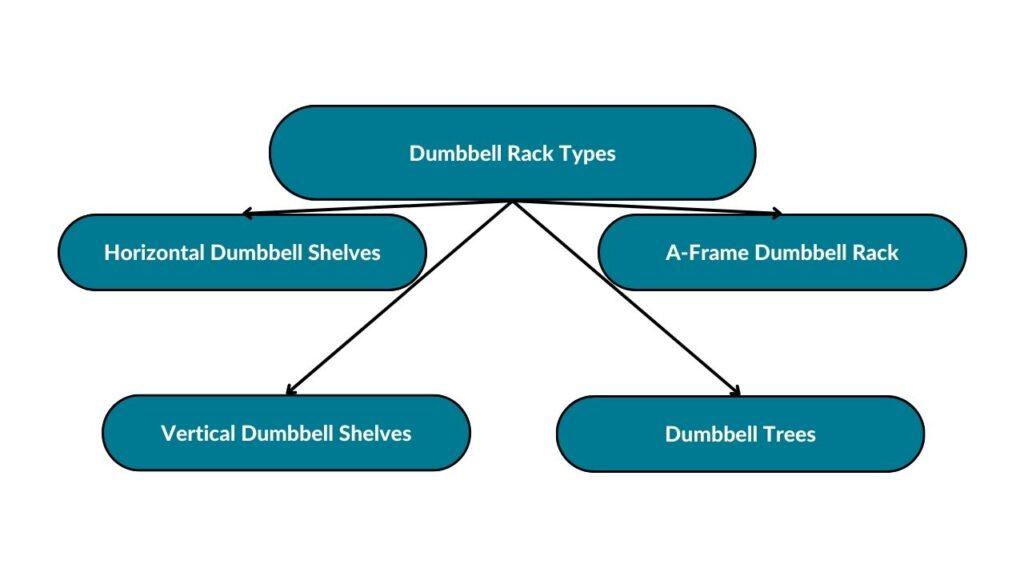 The image showcases different dumbbell rack types. These include horizontal dumbbell shelves, vertical dumbbell shelves, dumbbell trees, and A-frame dumbbell racks.