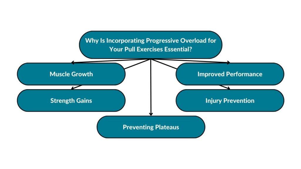The image showcases different reasons why incorporating progressive overload for pull workouts and exercises may be beneficial. Some of these reasons include muscle growth, strength gains, preventing plateaus, injury prevention, and improved performance.