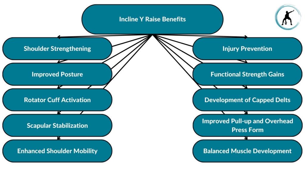 The image showcases the different incline Y raise benefits. These include shoulder strengthening, improved posture, rotator cuff activation, scapular stabilization, enhanced shoulder mobility, injury prevention, functional strength gains, development of capped delts, improved pull-up and overhead press form, and balanced muscle development.