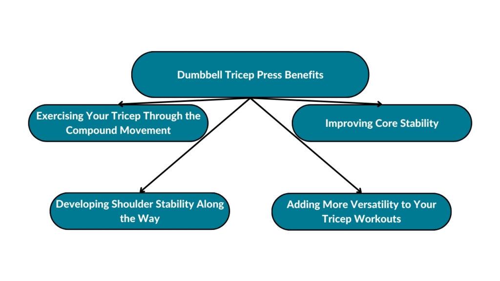 The image showcases different dumbbell tricep press benefits. These include exercising your tricep through compound movement, developing shoulder stability along the way, improving core stability, and adding more versatility to your tricep workouts.