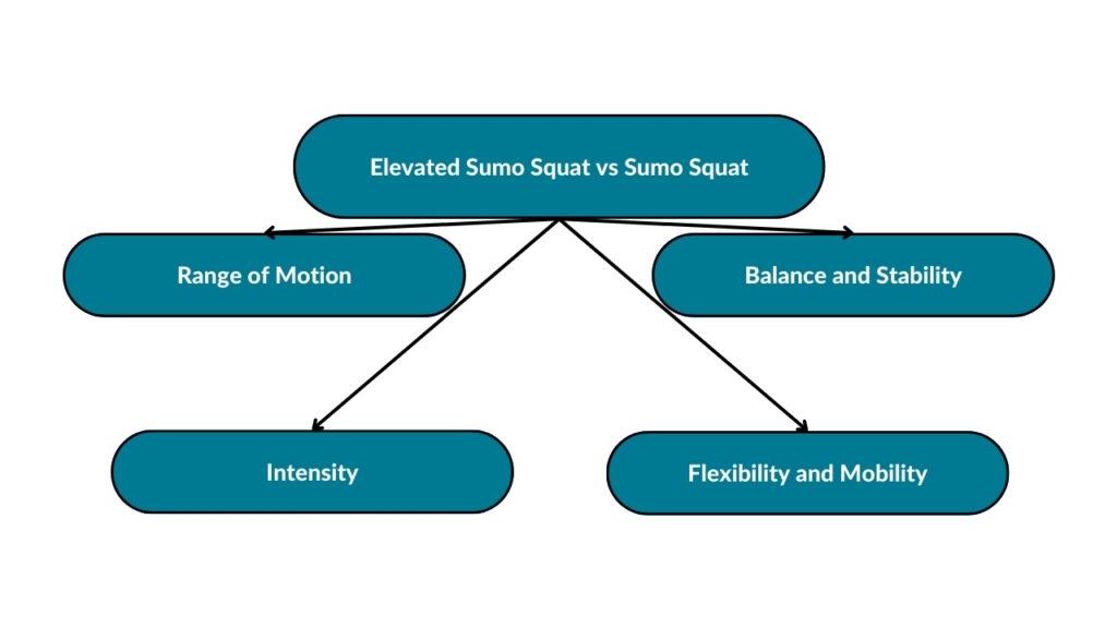 The image showcases the different criteria to consider when comparing the elevated sumo squat to the regular sumo squat. These include range of motion, intensity, balance, stability, flexibility, and mobility.