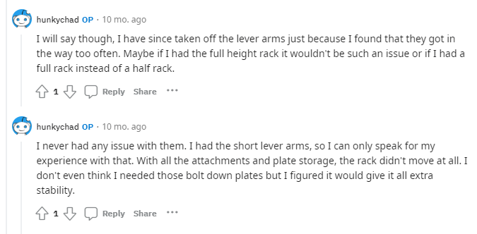 Hunkychad's Reddit commentary on the Rogue HR-2 half-rack
