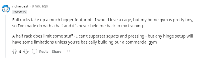 richardest's Reddit commentary on the Fitness First half power rack